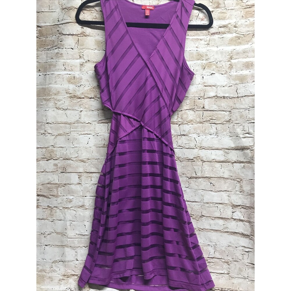 Bongo Woman Dress Medium Cut Out Peek-A-Boo Cocktail Purple Sheer Diagonal Lines